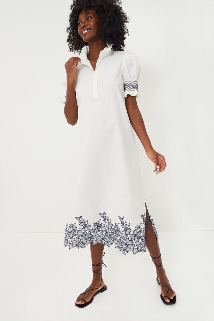 NWT Hyacinth House Tuckernuck White Navy Blue 100% Cotton Midi Embroidered Dress